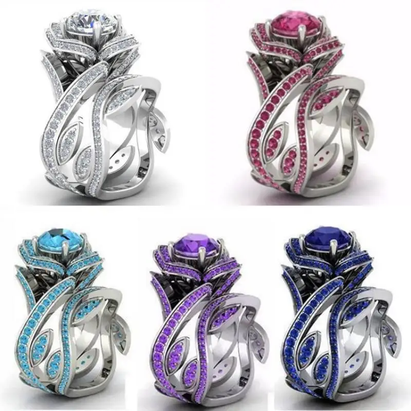 

Romantic Rose Flower Inlaid Zircon Rhinestone Decorative Ring Elegant Women's Wedding Party Promise Flower Ring Jewelry