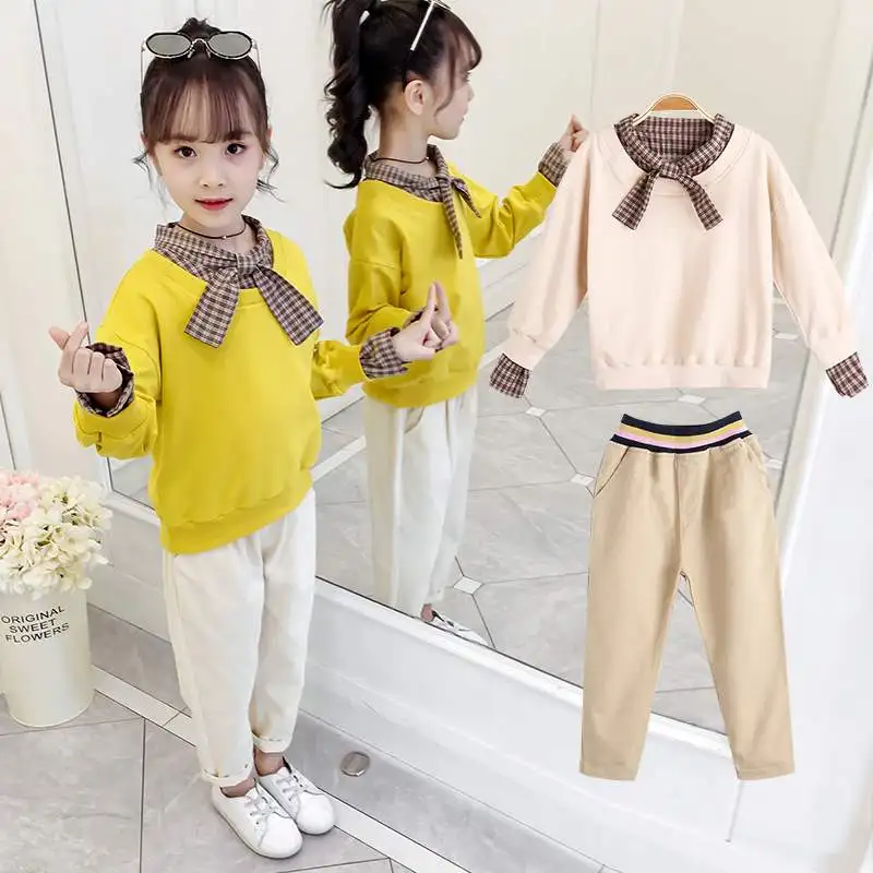

Cheap Bow Grid Spring Autumn Sweater Pants Sets Warm Kids Girl Suits Sports Thicken Outfits Bowknot Tie Children High Quality