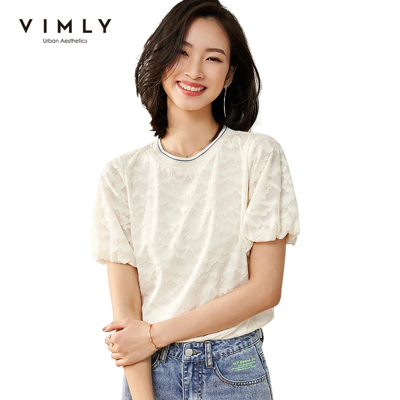 Женская кружевная блузка Vimly элегантная офисная облегающая Однотонная рубашка с