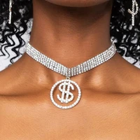 multi layers rhinestone big dollar money sign pendant necklace hip hop jewelry for women crystal clavicle chain choker necklace