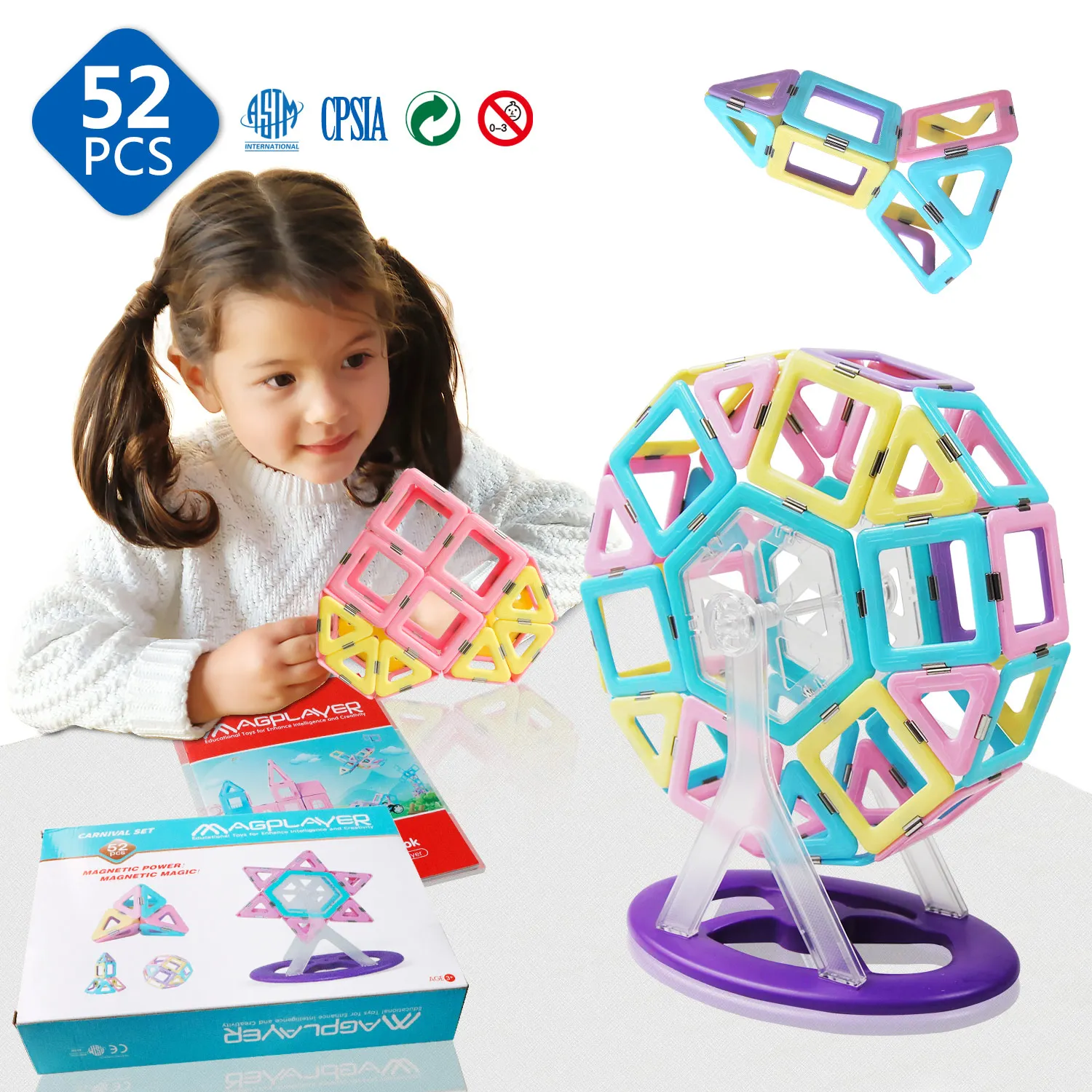 

52PCS Magnetic Tiles Building Blocks Games Sets Early Learning Preschool Designer DIY Educational Toys for Kids with Gifts Box