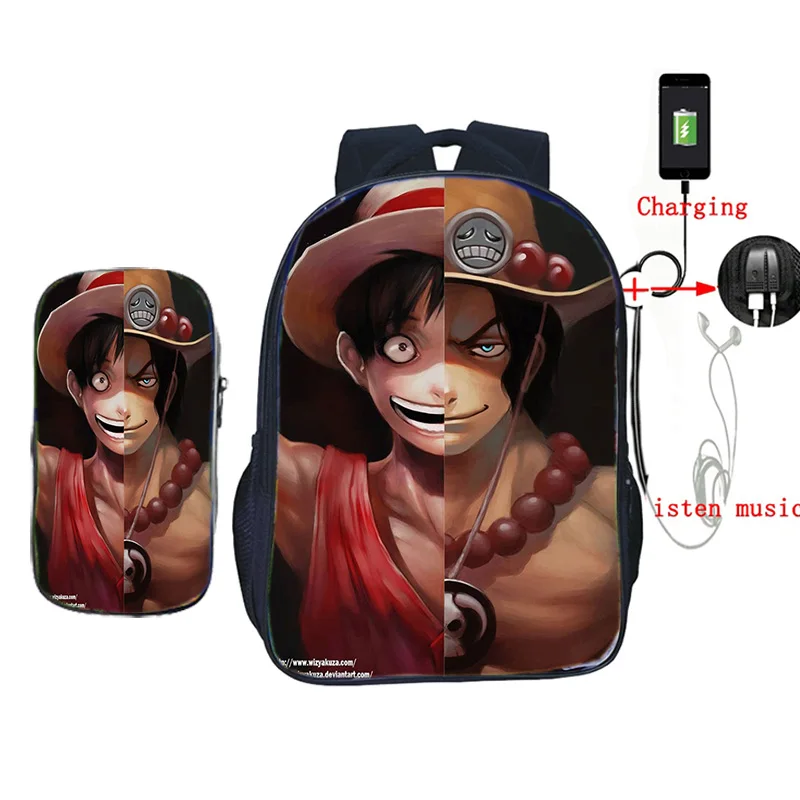 

Children Boys Girls One Piece Fairy Tail BLEACH Tokyo Ghoul School Backpack Fashion Laptop Teens(2set / Backpack+pencil Case)