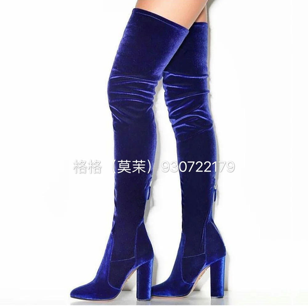 

Womens Embroidery Velvet Over The Knee Thigh Boots Block Chunky High Heel Stretchy Pointy Toe Shoes Luxury 5Styles