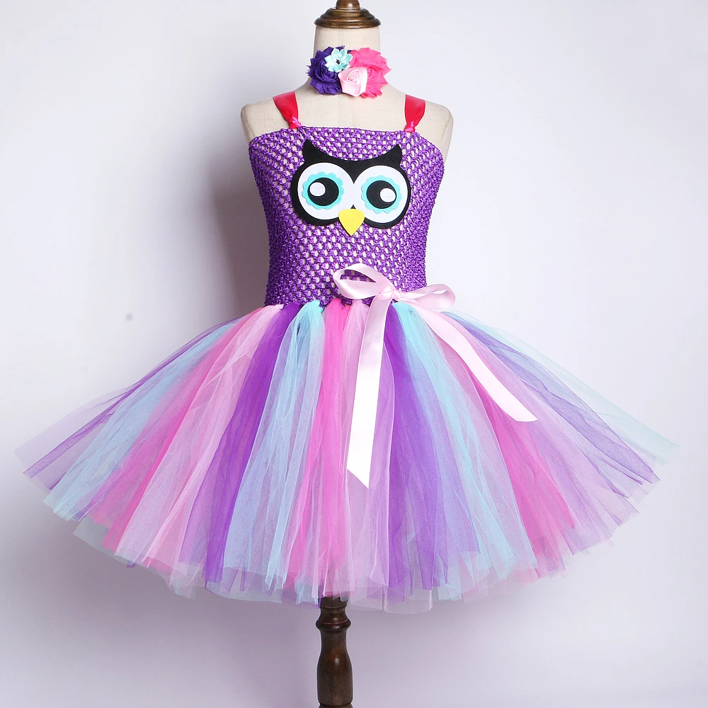 Cute Owl Children Dresses Girls Cartoon Costume for Halloween Party Kids Animal Tutu Dress with Flowers Headband Outfits | Детская