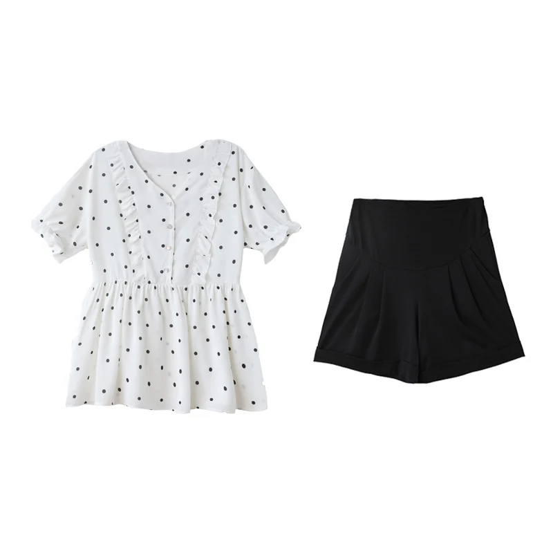 

816# Summer Chic Ins Polka Dot Print Cotton Maternity Blouses + Belly Hot Shorts Sets Suits Clothes for Pregnant Women Pregnancy