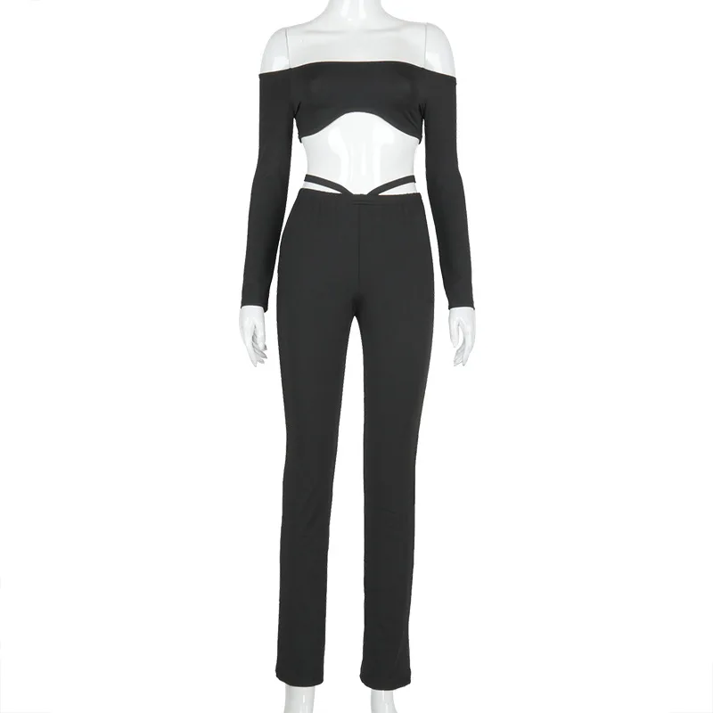 

Women Two Piece Set Long Sleeve Crop Top Off Shoulder Hollow Out High Waist Pants Bodycon Sexy Outfits High Street Wear