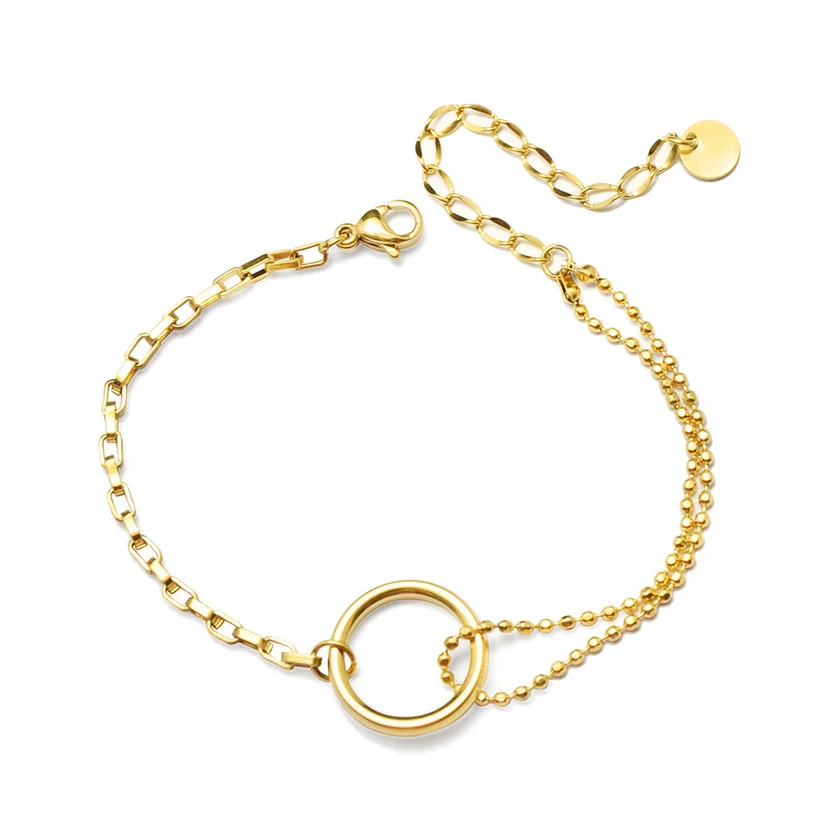 

New Design Hot Smooth Round Annulus Box Chain With Round Bead Chain Women Bracelet Fashion Stainless Steel Golden Woman Bangle