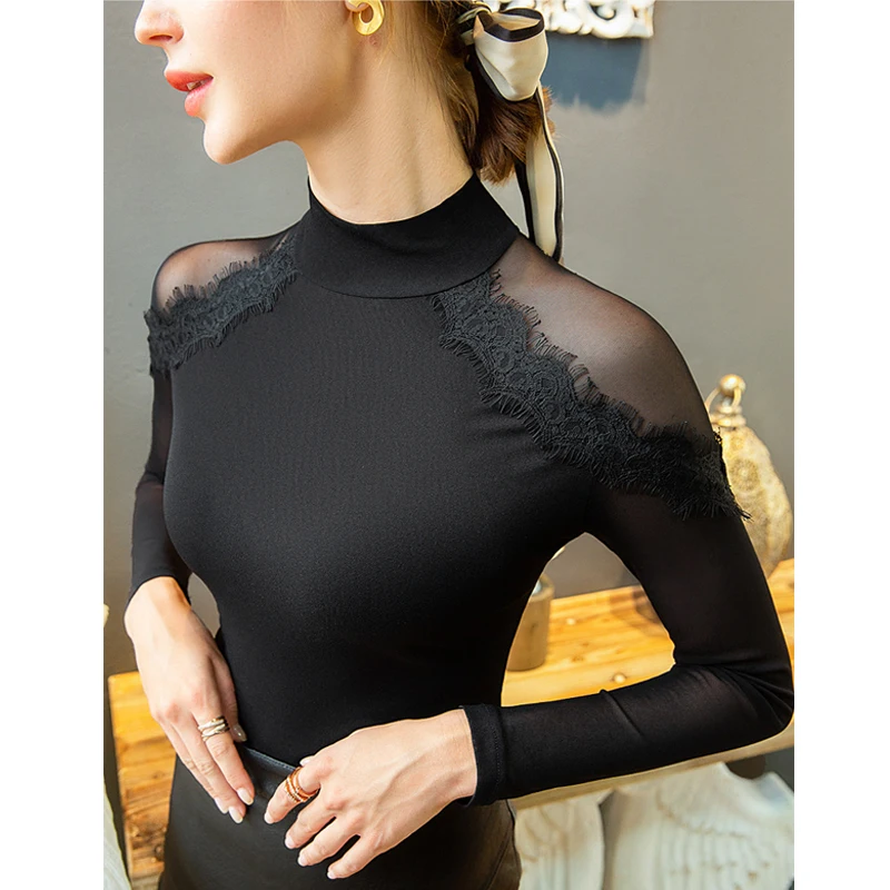 

Latin Dance Gauze Tops Professional Rumba Practice Shirt Long Sleeve Lace Black Latin Shirt Tango Samba Dance Clothing DQL6376