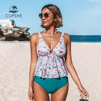 cupshe teal floral high waist tankini swimsuit for women sexy v neck bikini sets swimwear 2021 beach bathing suit two pieces