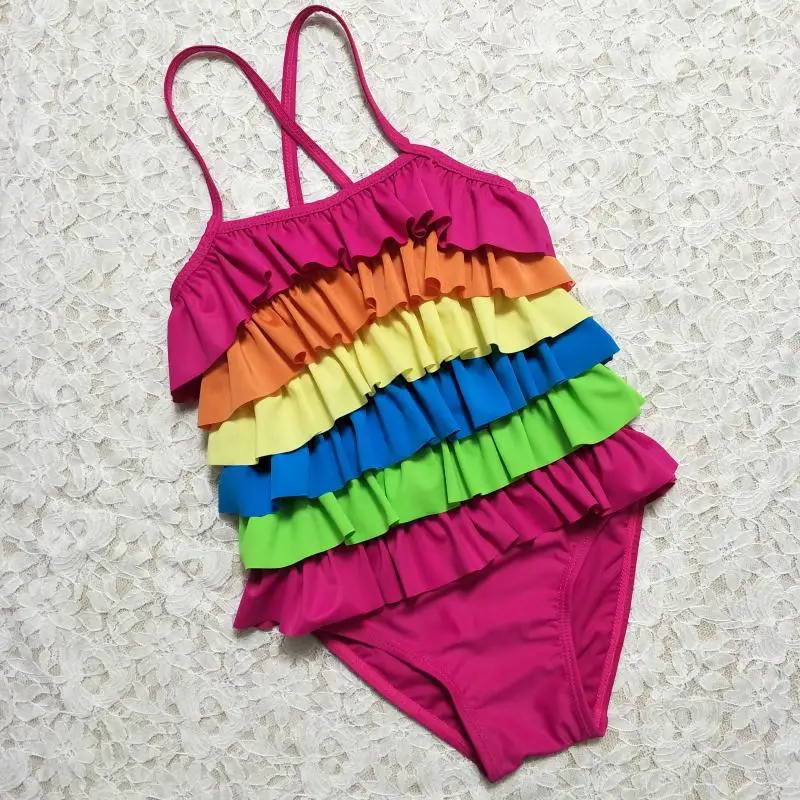 Купальник для девочек детская корейская мода 2018 Цельный купальник радужной