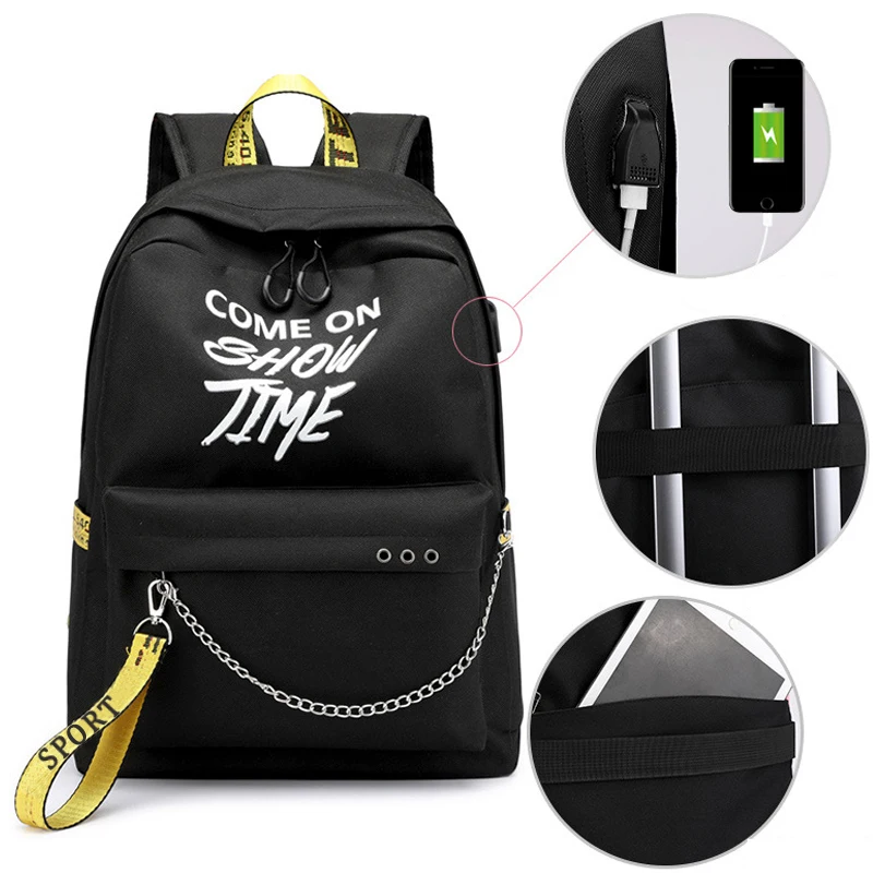 black yellow Winmax, светящийся женский рюкзак с USB зарядкой, модный школьный рюкзак с буквенным принтом, рюкзак с лентами для девочек-подростков, Mochila Sac A Dos - Цвет: black yellow