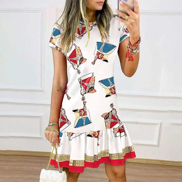 

Z-6618 Print Dress Temperament Loose Short Sleeve Irregular Color Square Jumpsuit Short Skirt for Women