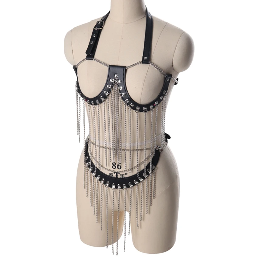 Женский комплект из бюстгальтера и ремня искусственной кожи с металлической