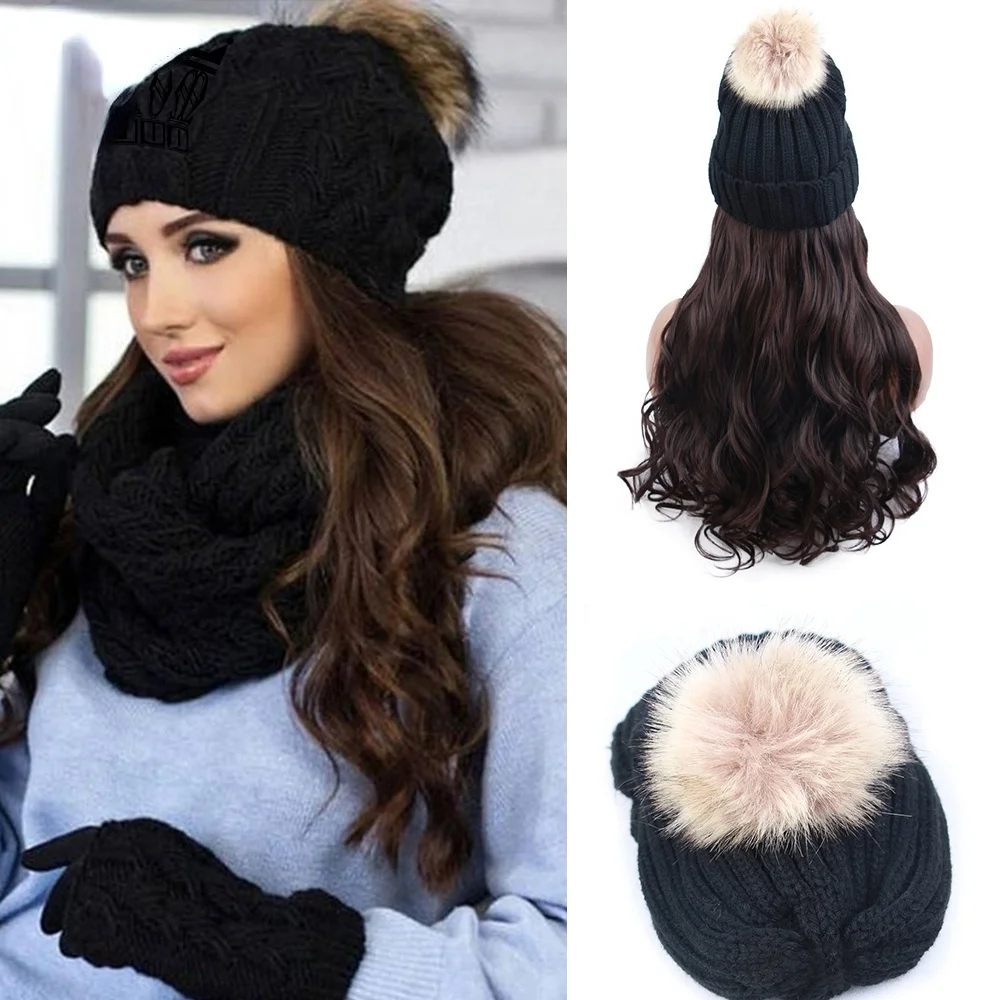 

22" Synthetic Curly useful Knit Skiing Winter Hats Hair Wig Beanie Attached Hat Wig for Girl Hang Out Natural Cotton Made