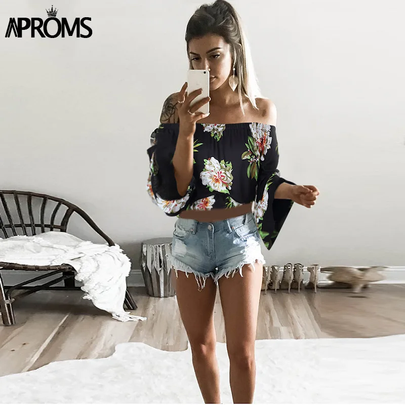 Aproms, рукав-фонарик, Boho, цветочный принт, безрукавка, топы, элегантный, с открытыми плечами, укороченный Топ для женщин, летняя одежда, уличная одежда, футболки, майки