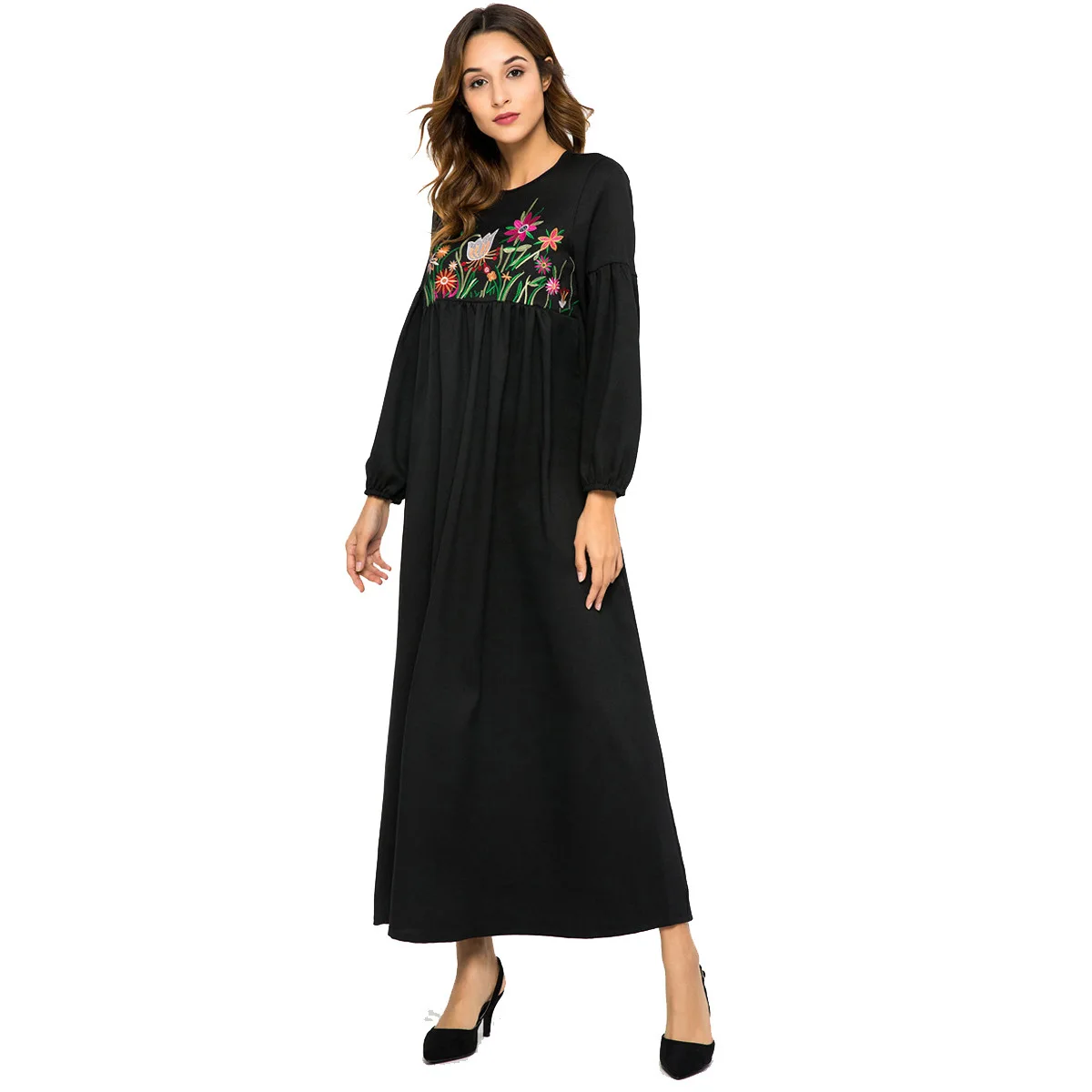 2021 мусульманская длинная юбка с вышивкой в европейском и американском стиле Свободное платье с длинным рукавом Длинная юбка в арабском сти...