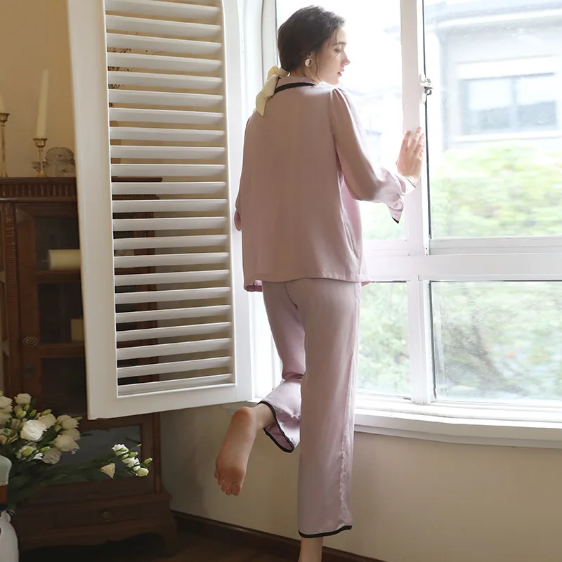 

SXTHAENOO Pajamas Women Korean Sexy Ice Silk Pajama Set Spring Autumn Long Sleeve Two-piece Set Sweet Princess Style Home Clothe