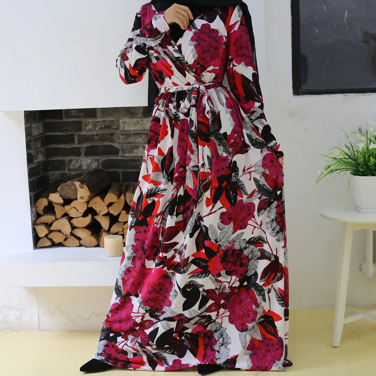 

Muslim Woman's Dress Muslim Fashion Print V-neck Long-sleeve Muslim Dress Middle East Arab Dubai Abaya Long Dress Belt Donsignet