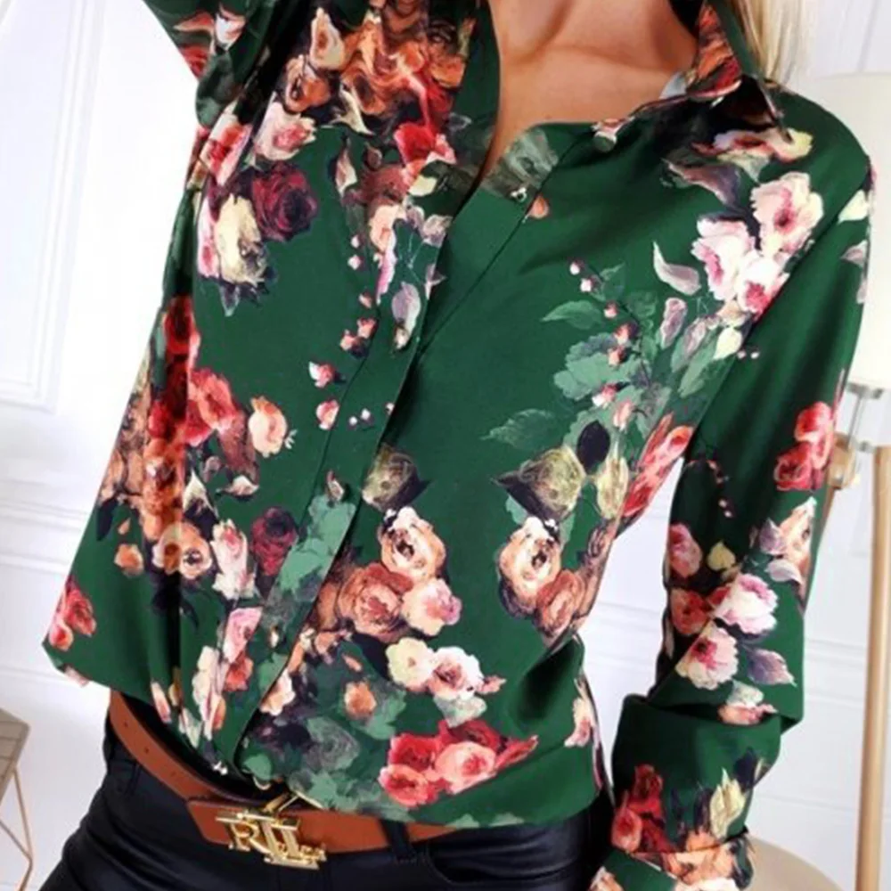 Винтаж рубашки блузка Для женщин 2020 Цветочный принт блузки отложной воротник в