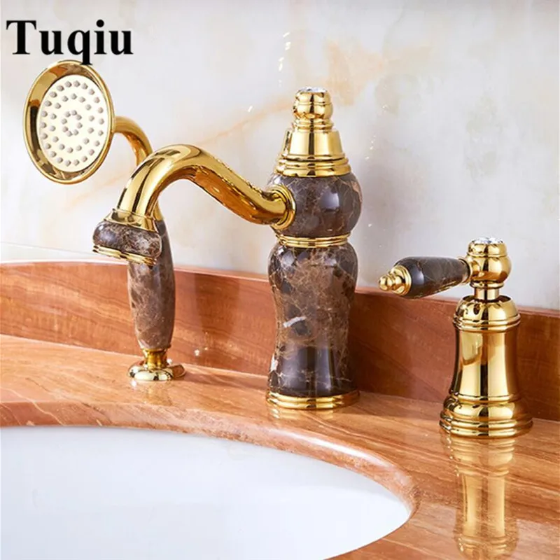 

Bathtub Faucet Brass Gold Deck Bathroom Sink Faucet Set 3 PCS Jade and Brass Hand held Shower Washroom Basin Mixer Tap