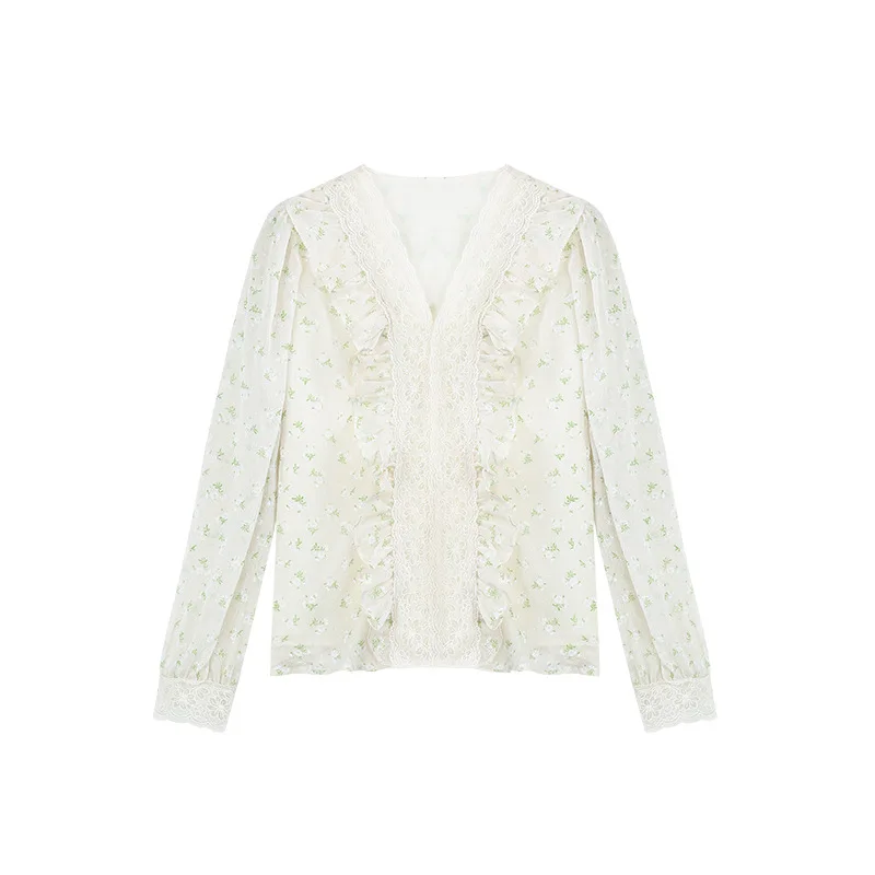 

Lace V-neck blouse women's summer 2021 new chic sweet fungus lace long sleeve Floral Chiffon shirt Small temperament