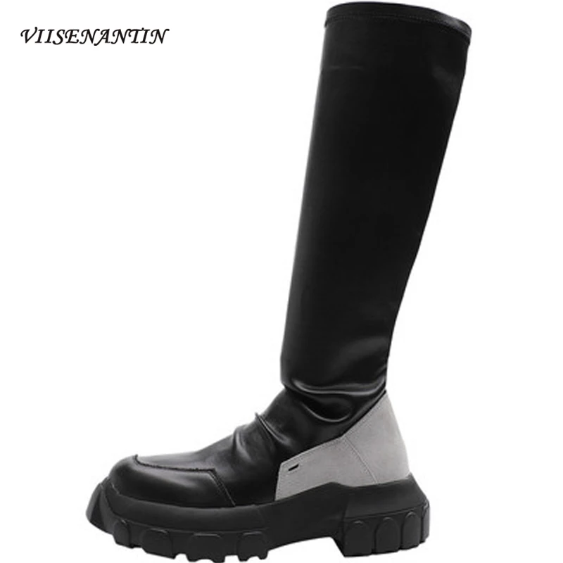 

Winter Genuine Leather Knee-high Stovepipe Stretch Motorcycle Boots Flat Platform Thick Sole Round Toe Slip on Plush Shoes Women