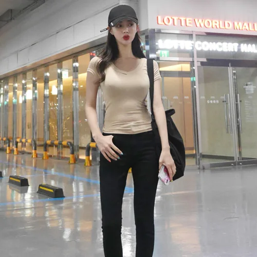 Женская футболка с v образным вырезом розовая облегающая блузка длинным рукавом