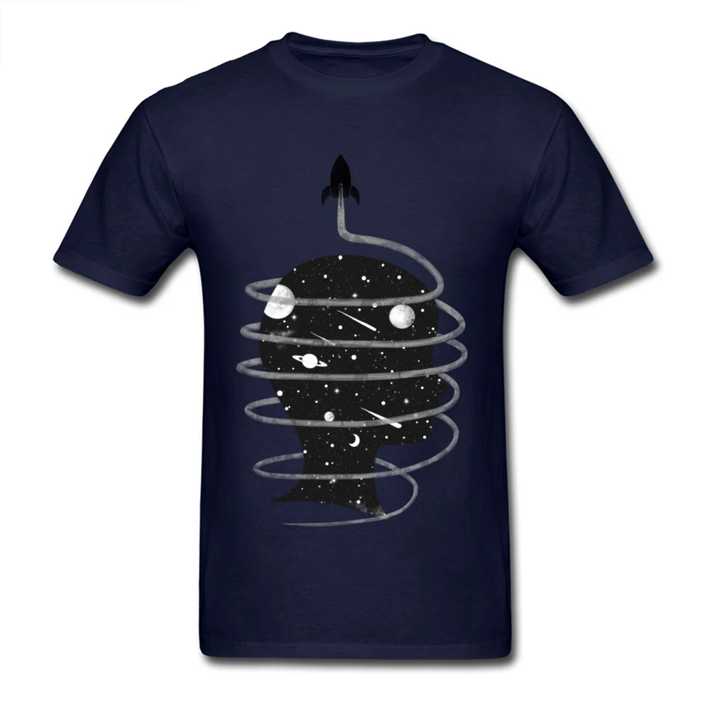 

Spaced Brain Men T Shirt Navy Blue Tops Tees Whimsical Designer T-shirt Students Cotton Clothing Universe Rocket Printed