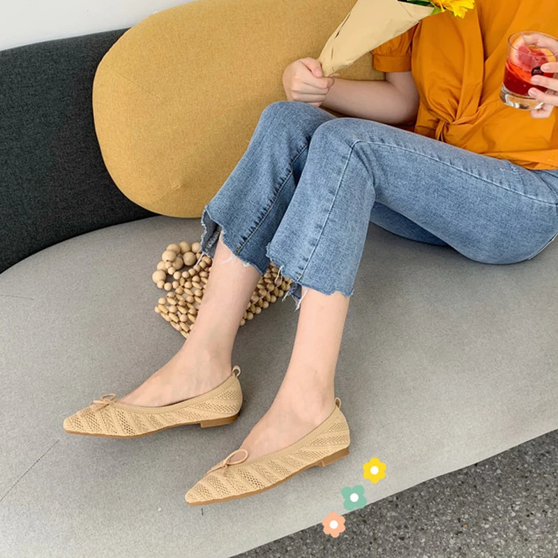 Женские балетки на плоской подошве туфли с бантом и квадратным носком мягкие