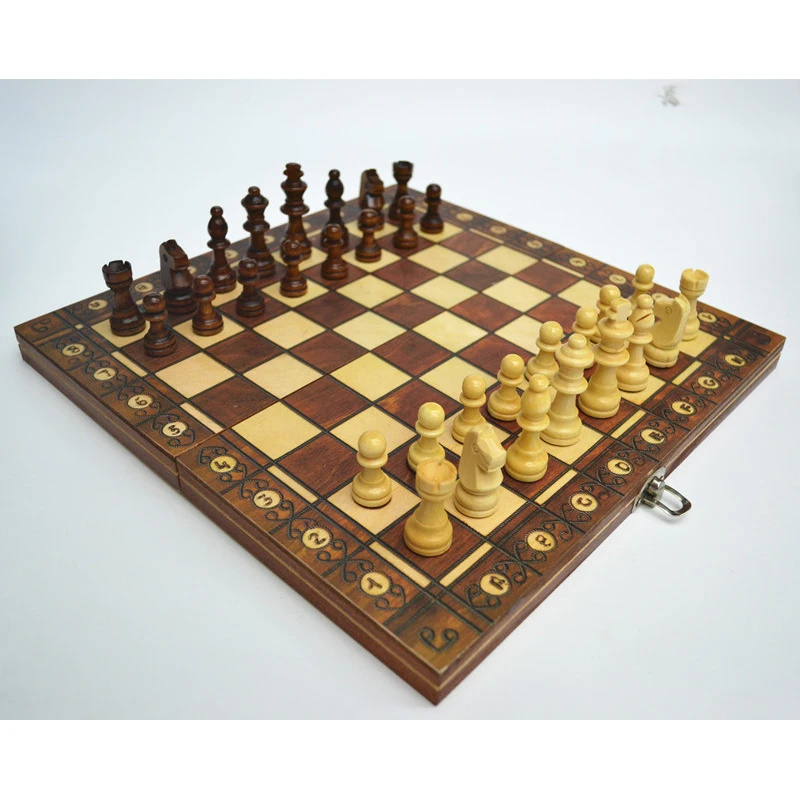 

Wooden 3 In 1 Chess Printed Chessboard Travel Board Games International Chess Set 39CM Backgammon Checkers Family Gift