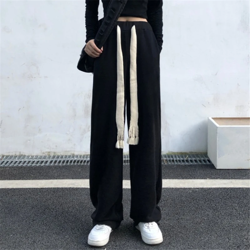

2021 Autumn Women Pants Paste Cloth High Waist Loose Straight Pants Streetwear Dark Trousers Femme Gothic Owen Japan Style