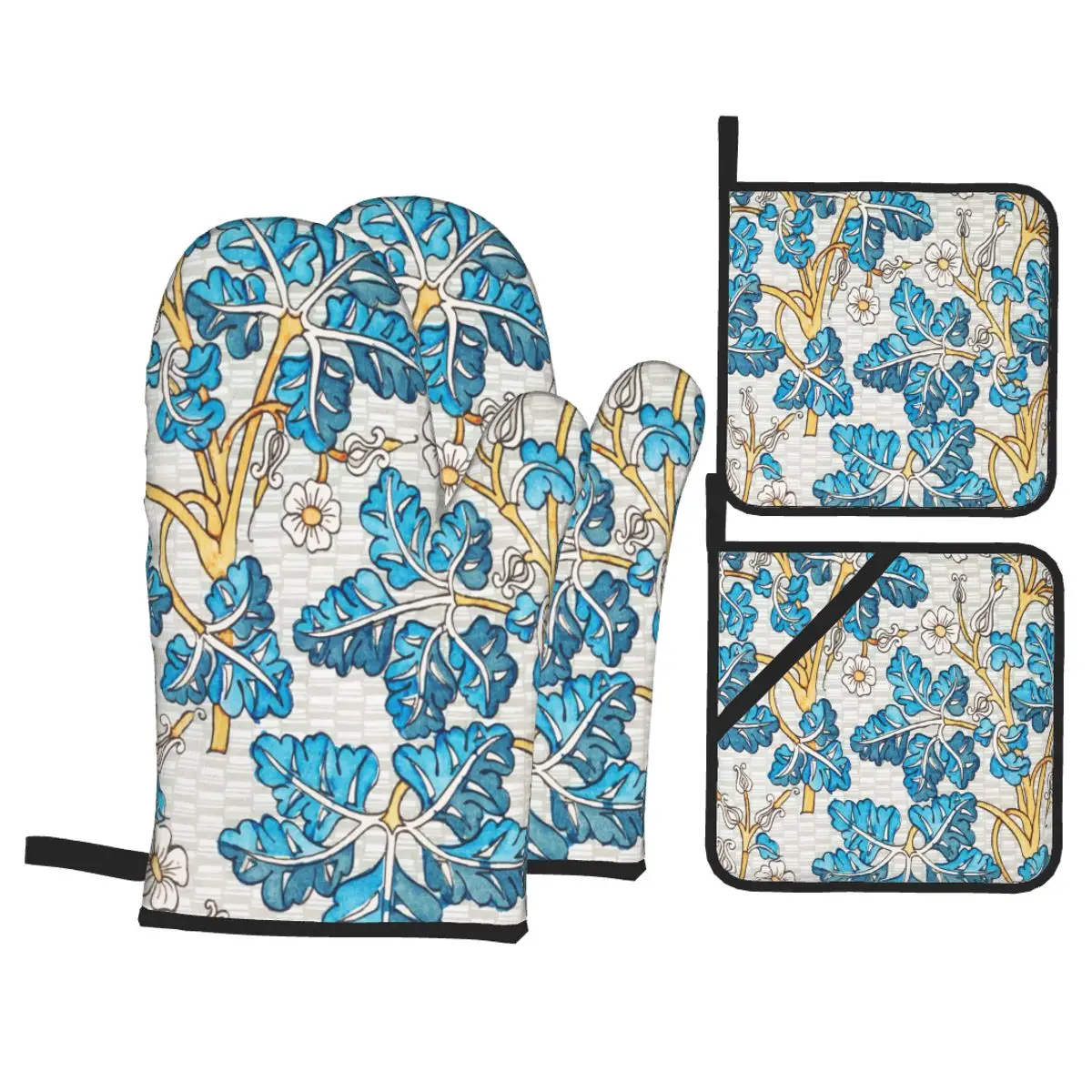 

4pcs Kitchen Gloves Insulation Pad Cooking Microwave Gloves Art Nouveau Flower Baking BBQ Oven Potholder Pad Oven Mitts