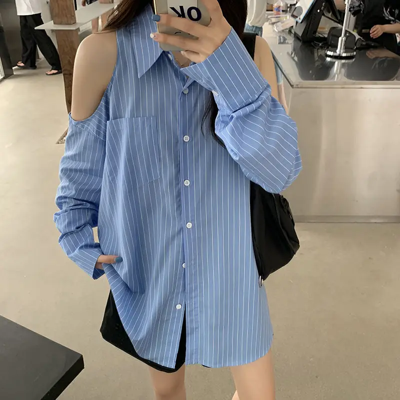 

HOUZHOU Off Shoulder Striped Blouse Street Style Aesthetic Long Sleeve Oversize Button Up Cardigan Korean Fashion New 2021