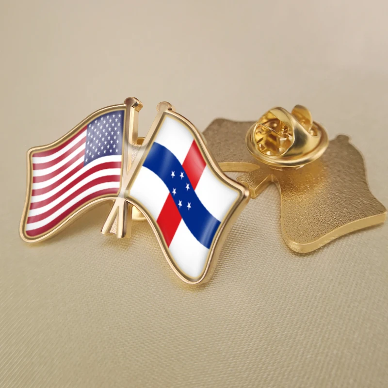 

United States and Netherlands Antilles Crossed Double Friendship Flags Lapel Pins Brooch Badges