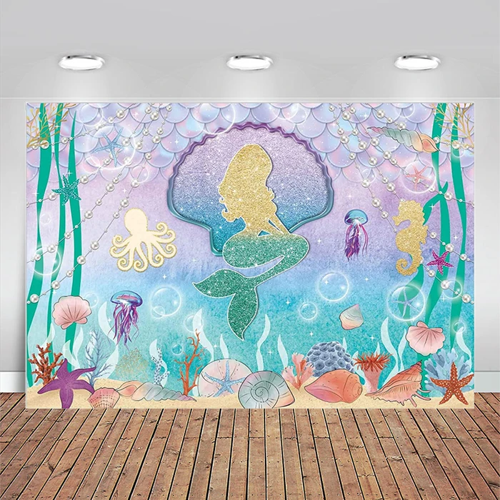Little Mermaid Party Backdrop Under The Sea Scales Girl Baby Shower Princess Birthday Banner Pearl Shell Background
