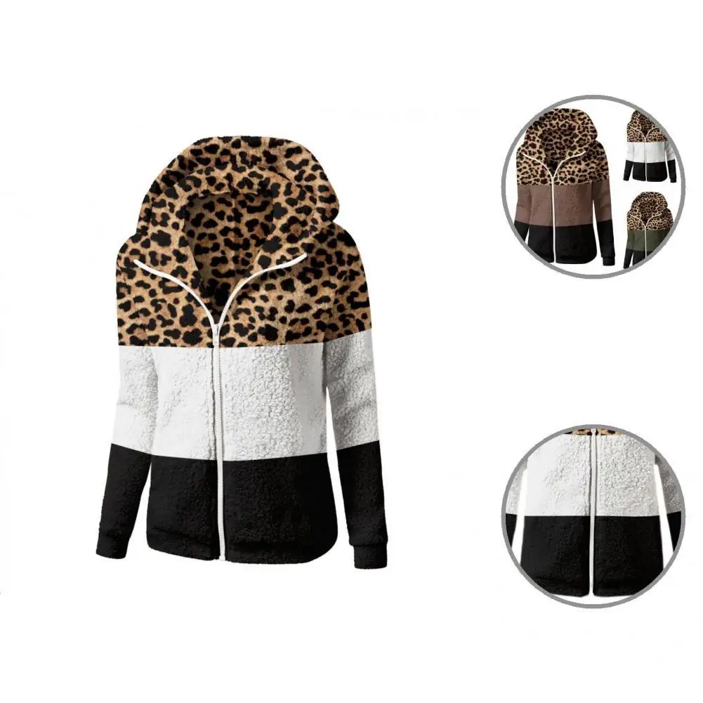 

Women Coat Stretchy Fashion Ultra Soft Leopard Patchwork Print Warm Fluffy Hoodie