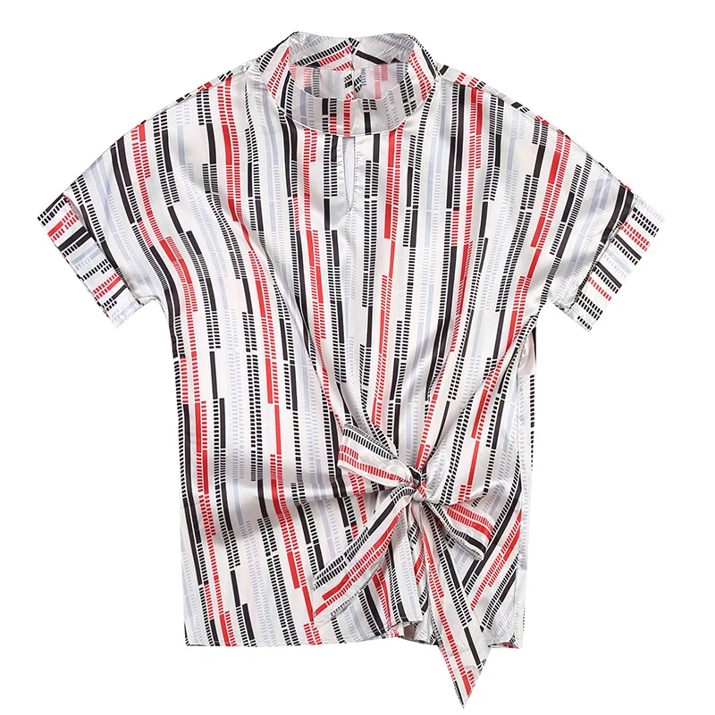 

Vogue Striped Chiffon Blouse Women Shirts Summer Short Sleeve Bow Lace-up Korean Silk Blouse Women Tops Plus Size Women Blouses