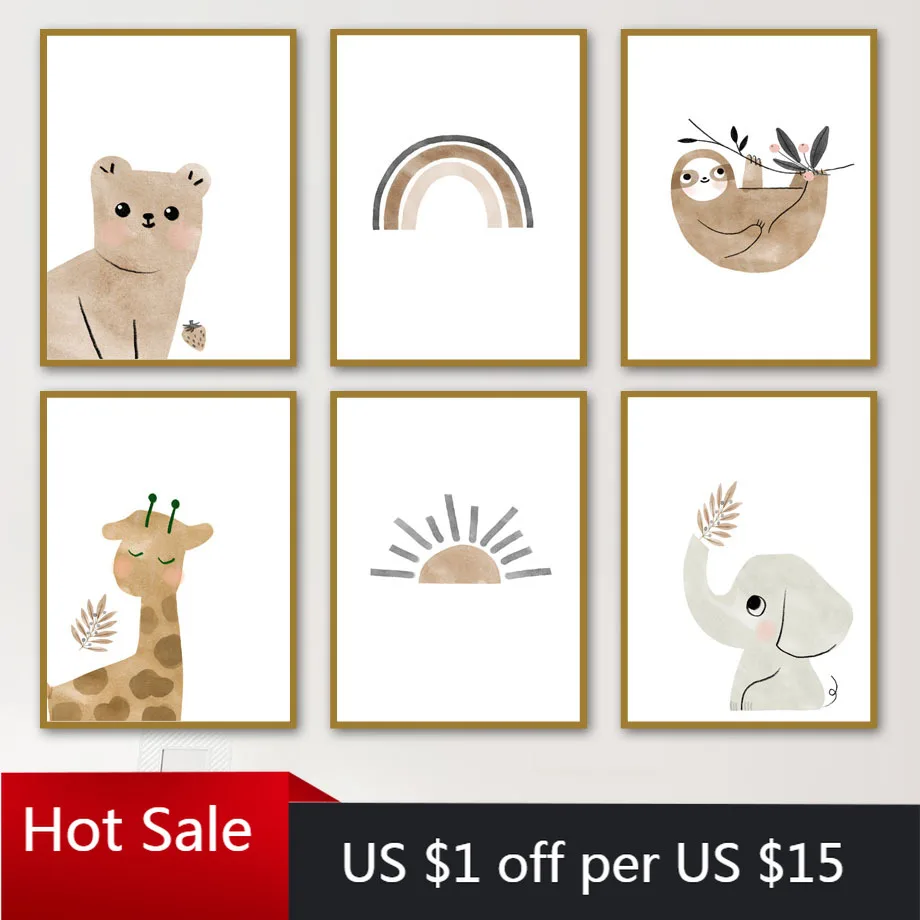 

Nordic Posters And Prints Canvas Painting Bear Elephant Giraffe Sloth Sun Rainbow Cartoon Wall Art Pictures Kids Baby Room Decor