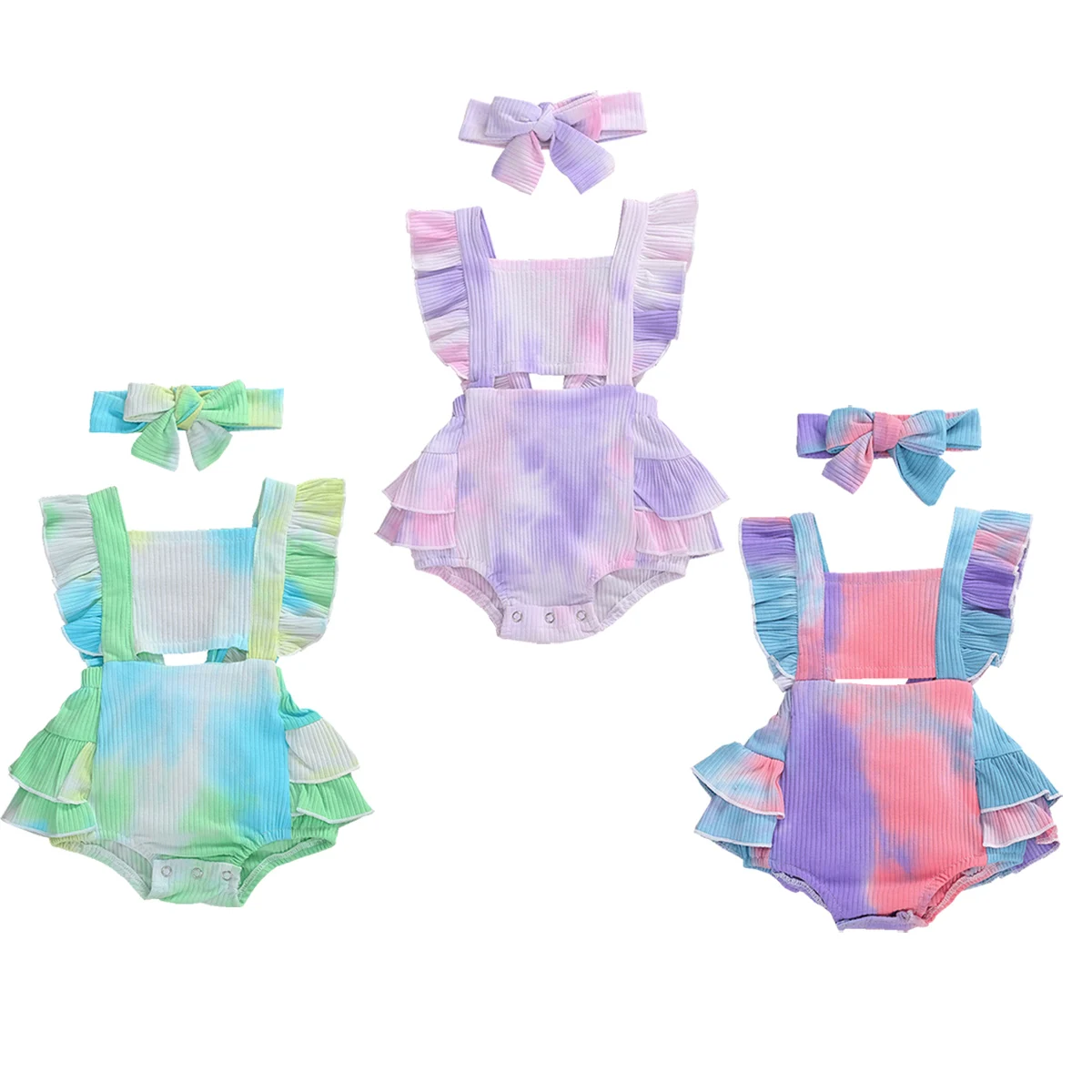 

Infant Baby Girls Short Romper Gradient Color Lotus Leaf Decoration Cool Sleeveless Summer Clothing 0-12M