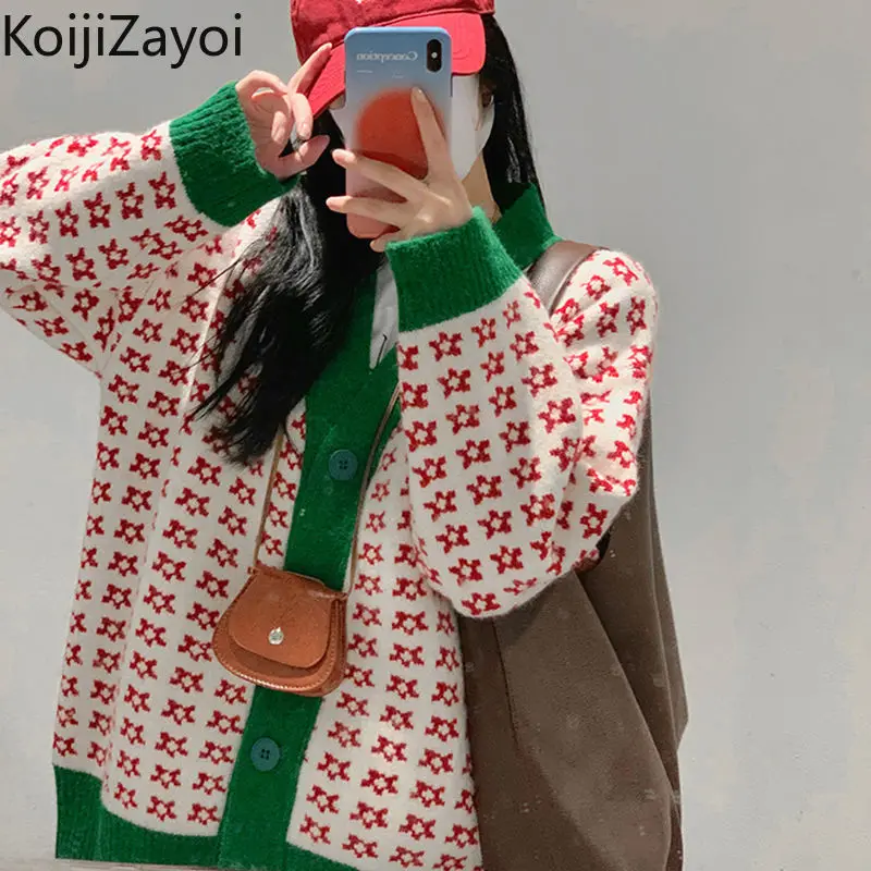 

Koijizayoi Fashion Women Patchwork Cardigan Long Sleeve V Neck Lady Chic Korean Outwear Kardigan Casual Loose Sweater Cardigans