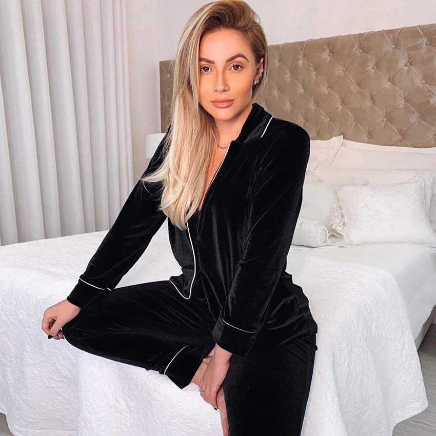 

Black Velvet Pajamas Women Thick Long Sleeve Sleepwear Warm Two Piece Set Nightwear Solid Home Suit Sets Casual Pajama
