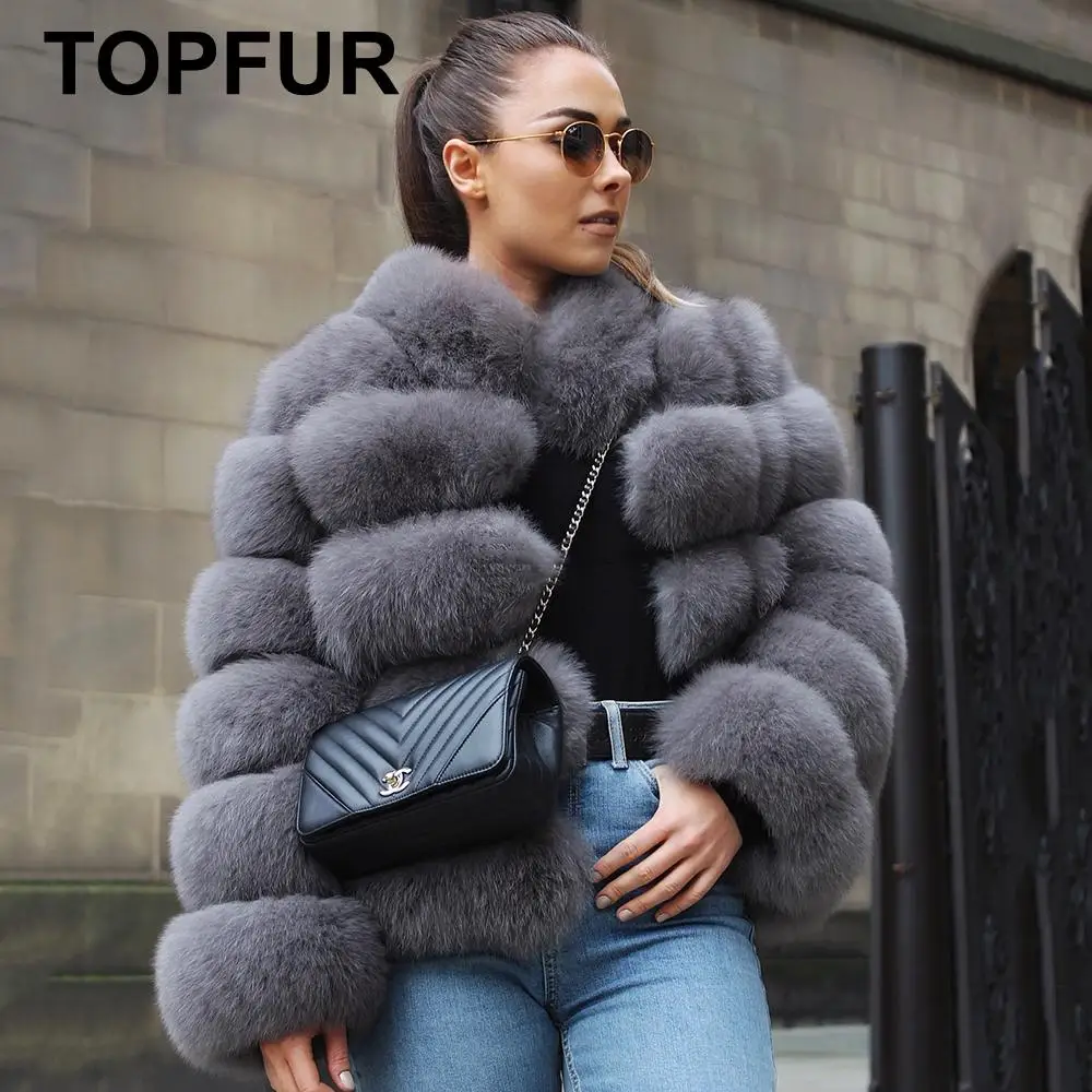 TOPFUR Real Fur Coat Women Winter Coat Women Plus Size Dark Gray Jackets Genuine Leather Jacket Natural Fox Fur Coat With Collar