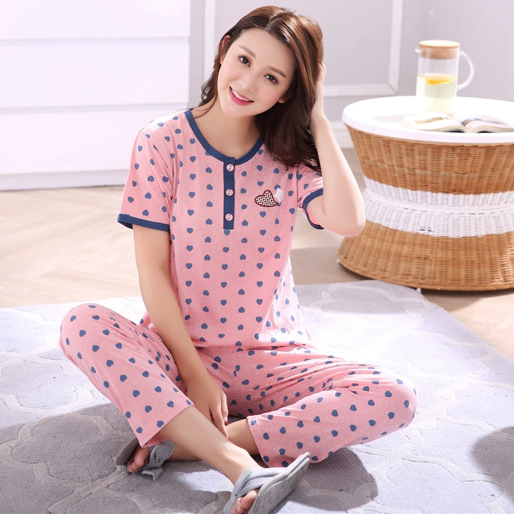 Размера плюс с короткими рукавами на осень из хлопка Домашняя одежда для женщин