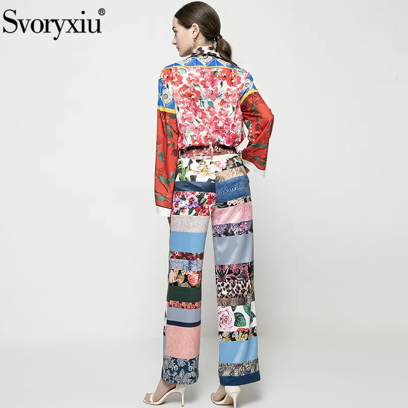 

Svoryxiu 2021 New Runway Designer Summer Fashion Two Piece Set Women's Flower Print Long Sleeve Blouse + Wide Leg Pants Suits
