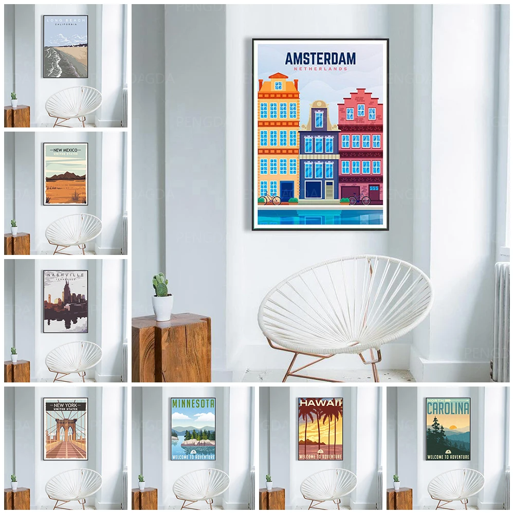 

Wall Art Amsteroam Hawaii Canvas Painting HD Printed City Travel Poster Home Decor Living Room Modular Scenery Pictures Frame