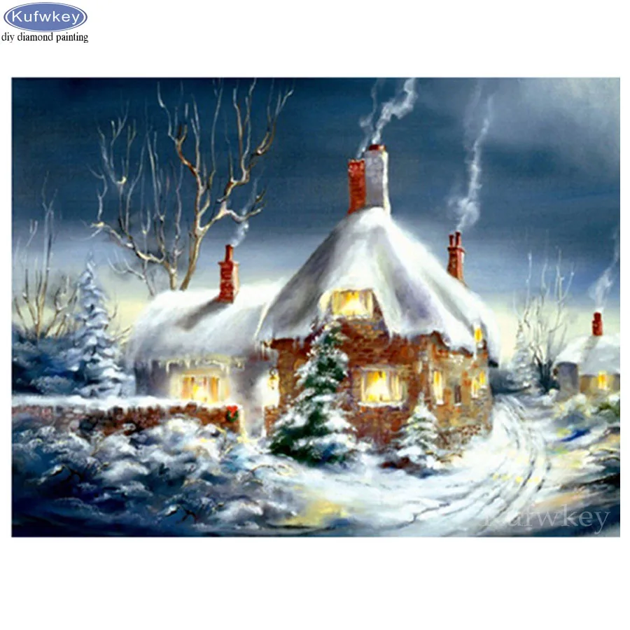 Алмазная 5d картина полноразмерная квадратная со стразами в виде снежной сцены