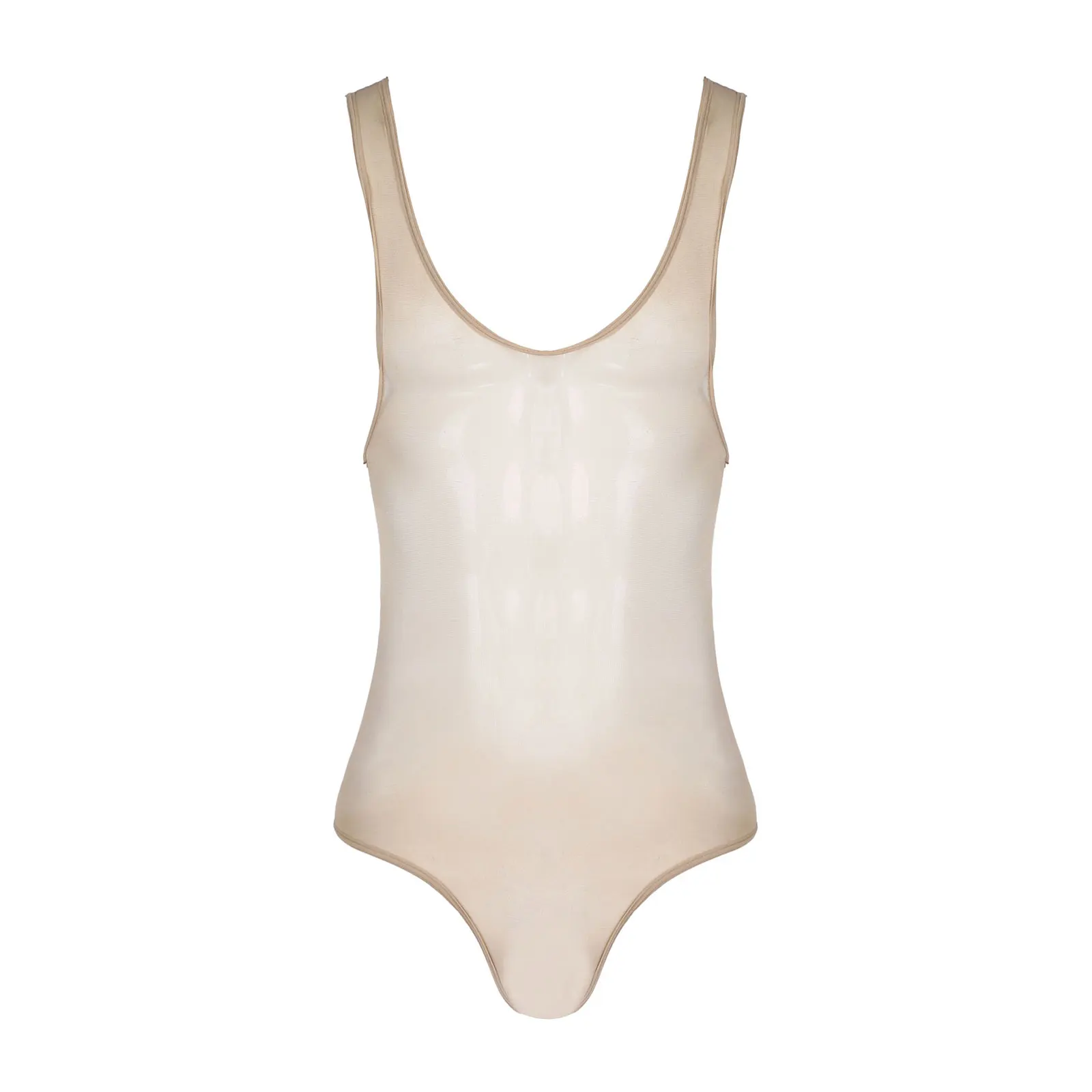 

Women Men Glossy Stretchy Bodysuit See-through Erotic Bodycon Romper Sleeveless Singlet Jumpsuit Bulge Pouch Leotard Nightwear
