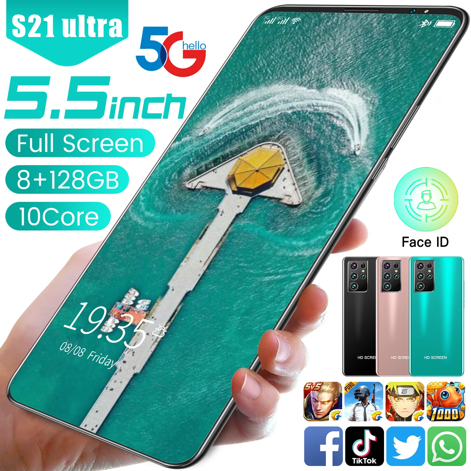 

Hot Sale Glaxy S21 Ultra 8GB RAM 128GB ROM 4800mAh Andriod 10.0 Cellphone 5.5 Inch 24+48MP Fingerprint ID Smart Phone MTK6595