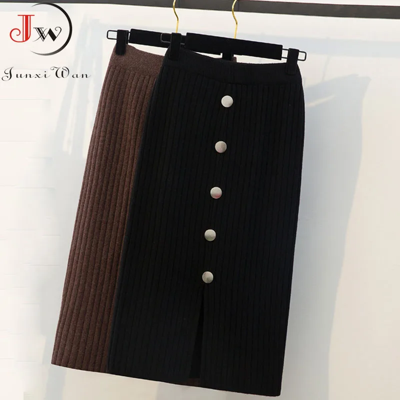 

Women Knitted Long Skirt 2022 Fashion Elastic Waist Office Lady Bodycon Winter Slim Elegant Black Pencil Skirts Saias
