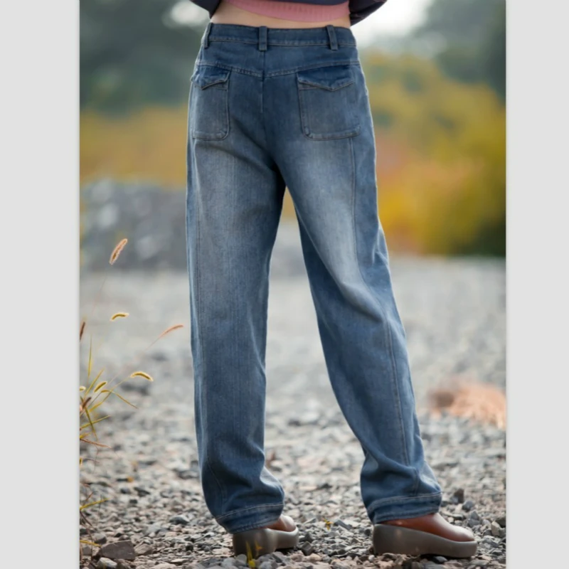 Женские джинсы со средней посадкой свободные синие с широкими штанинами для